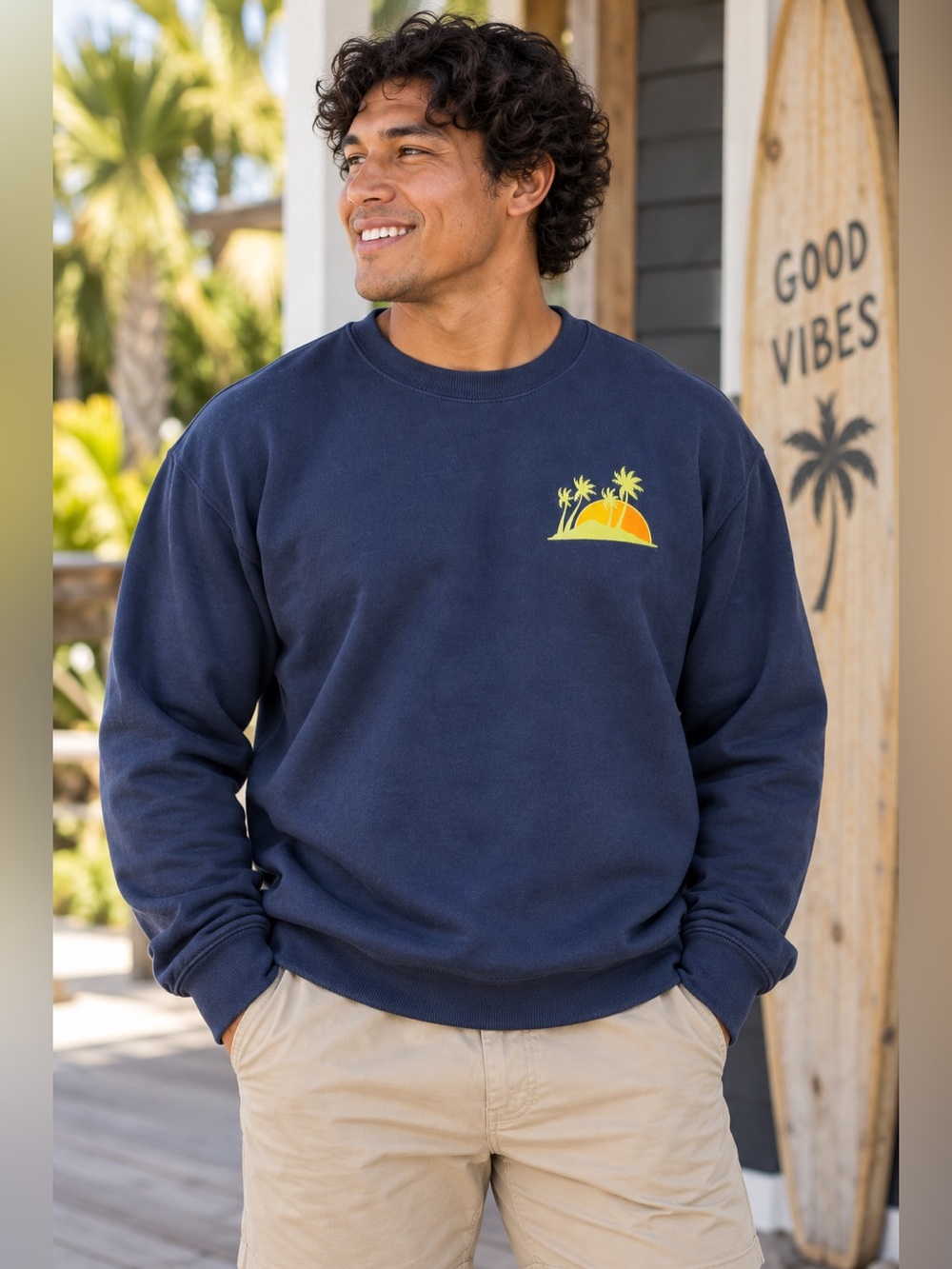 NWT Unisex Original Use Navy Palm Tree Sunset Crewneck Sweatshirt Size M